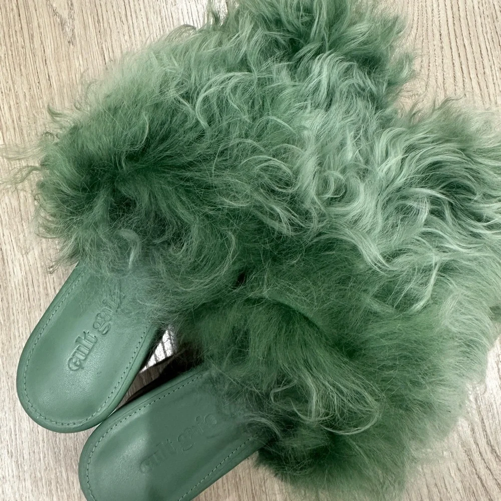 Cult Gaia Green Fur Slide Sandals - Picture 2 of 8